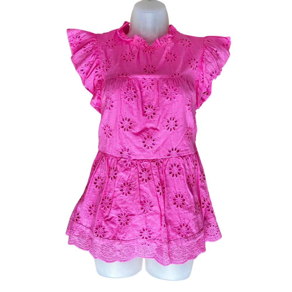 Entro Pink Eyelet Embroidered Cotton Top Flutter Sleeve Ruffle Small Fairy